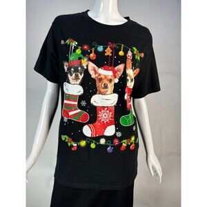 Christmas Chihuahua Stocking T-Shirt Port & Company Medium 100% Cotton Black
